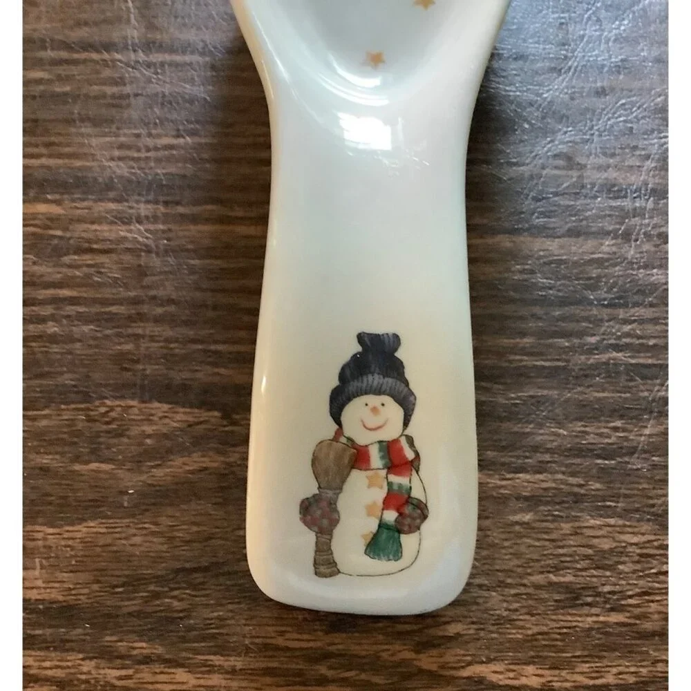 Home LifeStyles Ceramic Snowman Stars Spoon Rest 8”‎ White Winter Holiday